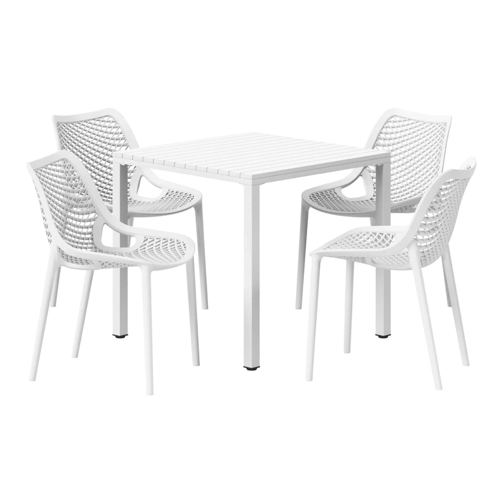 Nouveauté 2026 – Ensemble de salle à manger d'extérieur WestinTrends Playa 5 pièces avec table et chaises empilables, structure en métal, vert olive