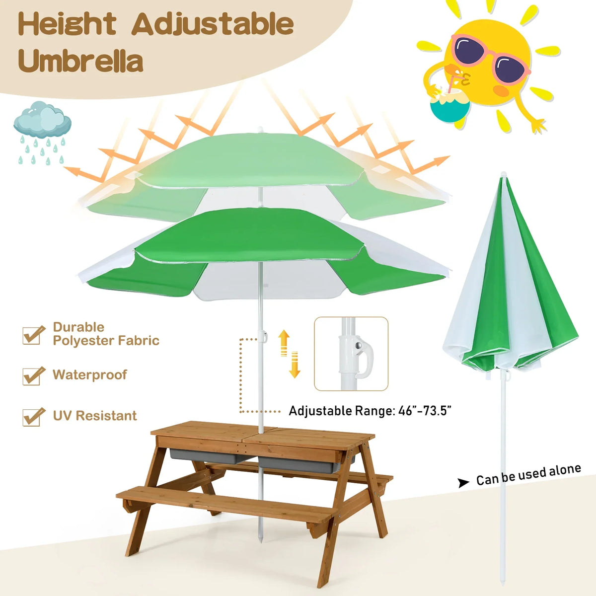 Nouveauté 2026 – Table de pique-nique 3 en 1 pour enfants Costway , en bois, avec bacs à sable et à eau, parasol et autres jeux, verte