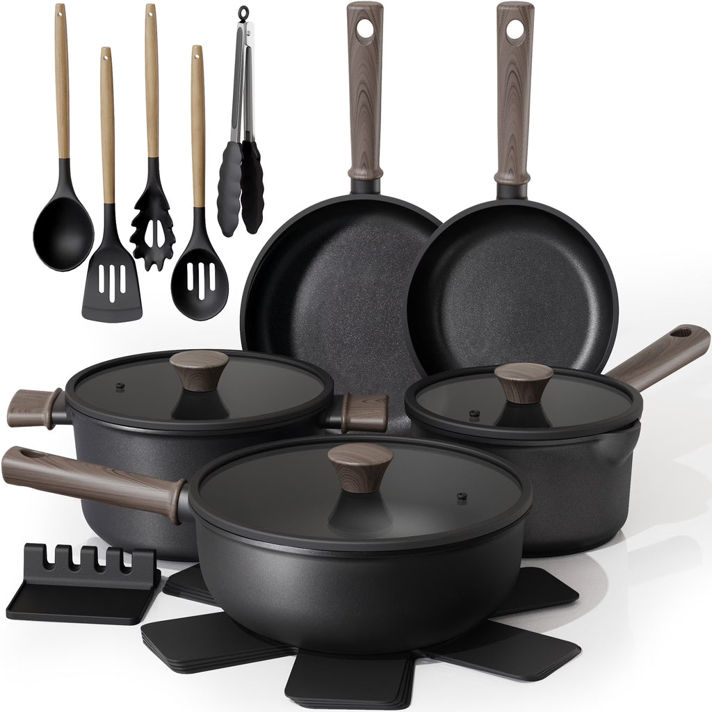 Nouveauté 2026 – Ensemble de 18 pièces Astercook , casseroles et poêles antiadhésives avec élégante poignée en bois, compatible four jusqu'à 250 °C (480 °F), compatible induction, idéal pour les voyages en camping-car, le camping et les pique-niques,