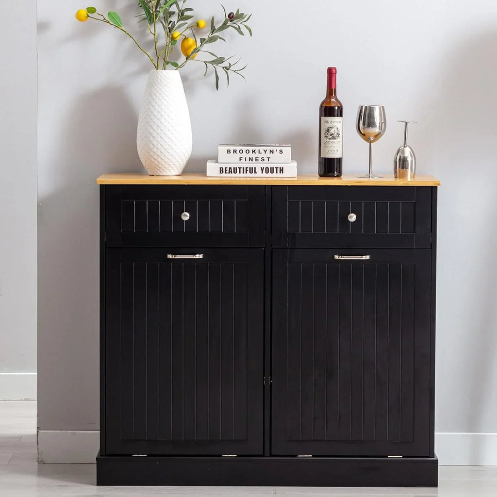 Nouveauté 2026 – Armoire à poubelles double basculante Hlivelood , 75 litres, résistante aux animaux, avec panier à linge et planche à découper, et tiroirs de rangement escamotables pour le tri des déchets en bois