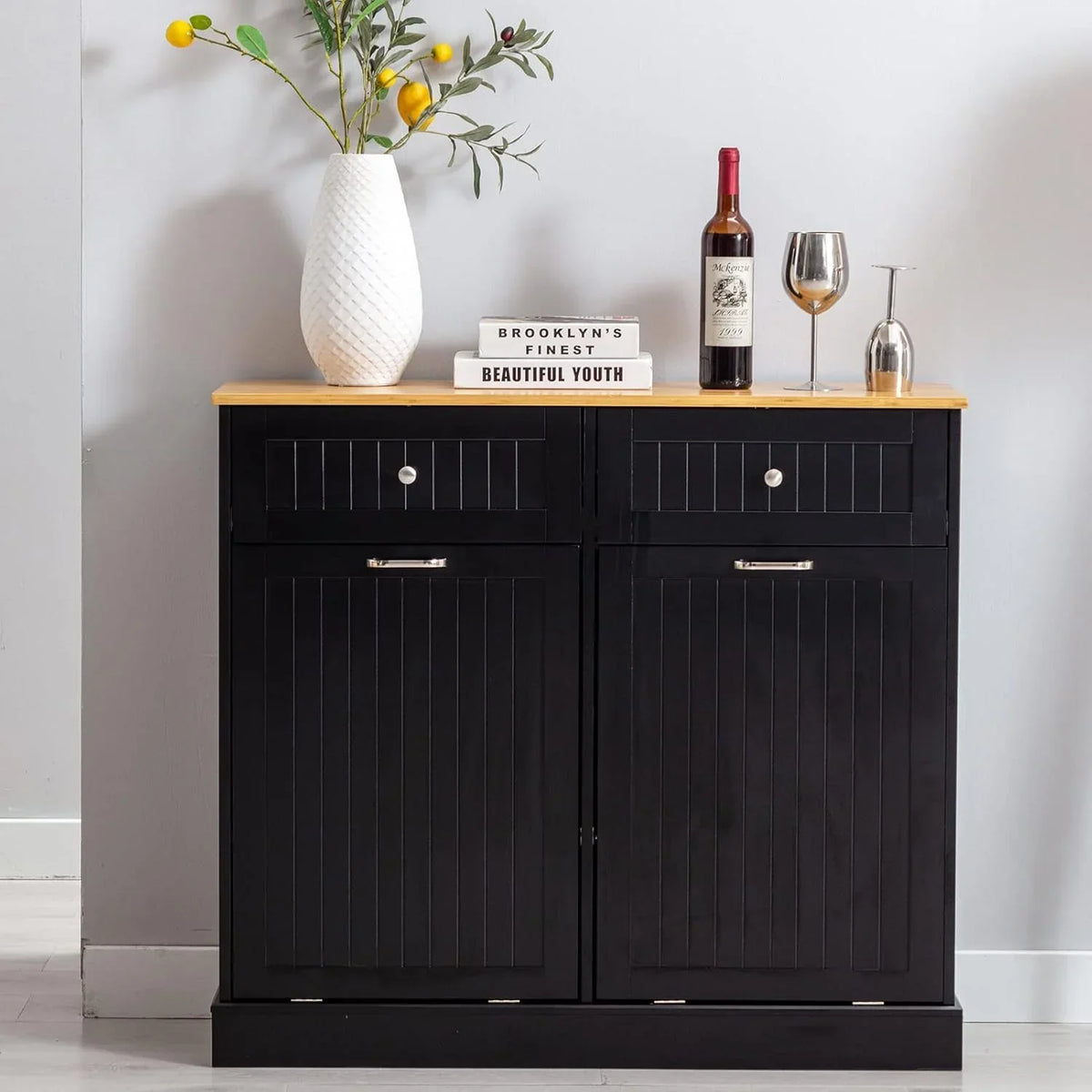 Nouveauté 2026 – Armoire à poubelles double basculante Hlivelood , 75 litres, résistante aux animaux, avec panier à linge et planche à découper, et tiroirs de rangement escamotables pour le tri des déchets en bois