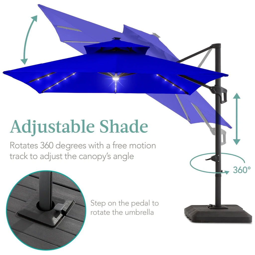 Nouveauté 2026 – Parasol de terrasse carré déporté à deux niveaux, 3 x 3 m, à éclairage solaire LED, avec base incluse (Best Choice Products, ) - Beige