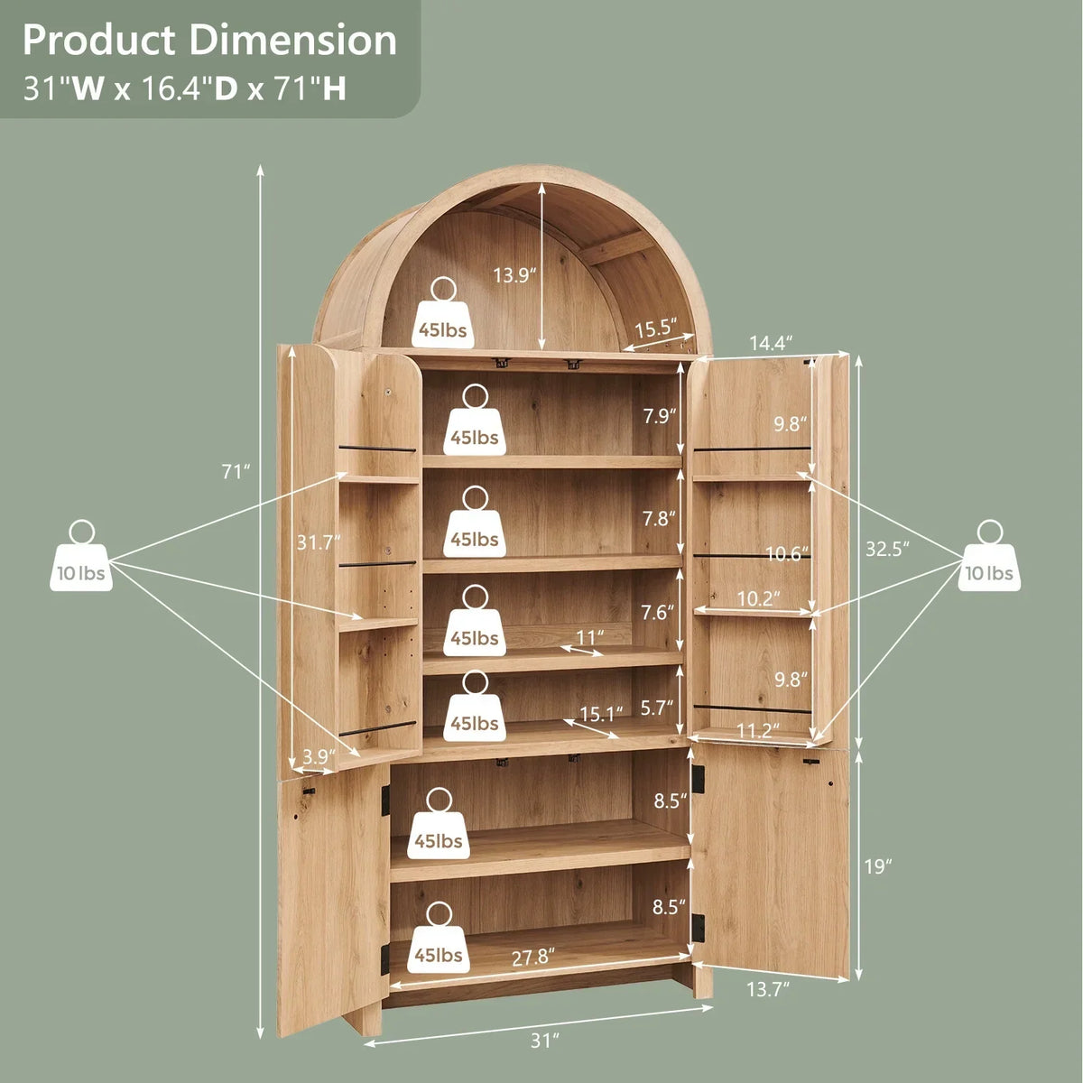 Nouveauté 2026 – Armoire de rangement de cuisine IFGET , 180 cm de haut, style arqué, avec étagères réglables, idéale pour la cuisine et la salle à manger