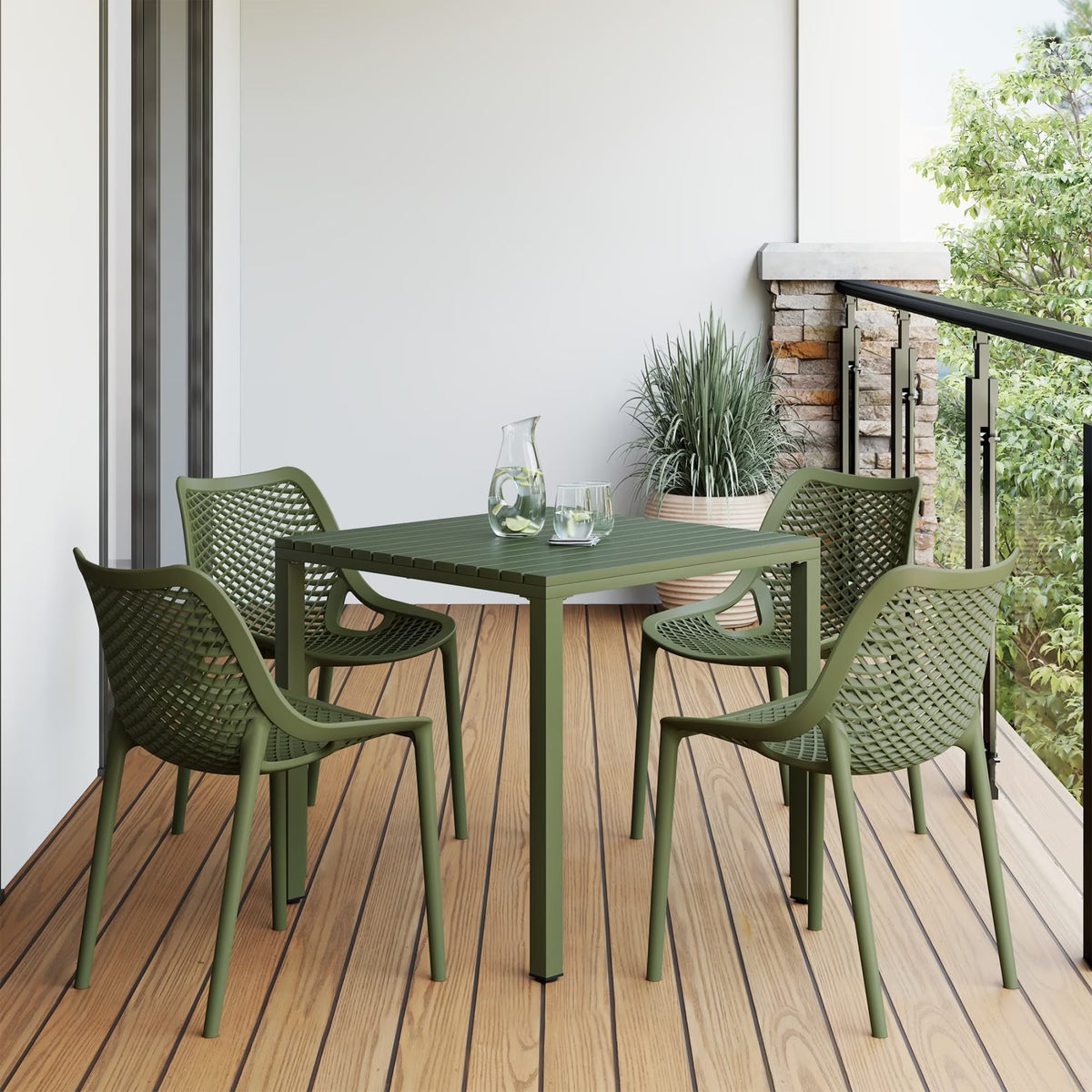 Nouveauté 2026 – Ensemble de salle à manger d'extérieur WestinTrends Playa 5 pièces avec table et chaises empilables, structure en métal, vert olive