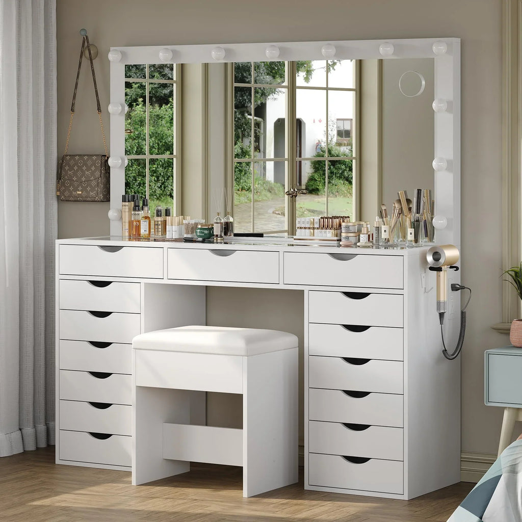 Nouveauté 2026 – Coiffeuse Yanosaku à 15 tiroirs avec prise électrique, miroir et 13 lumières LED, 3 modes d'éclairage de couleur, luminosité réglable, plateau en verre, ensemble coiffeuse pour chambre à coucher