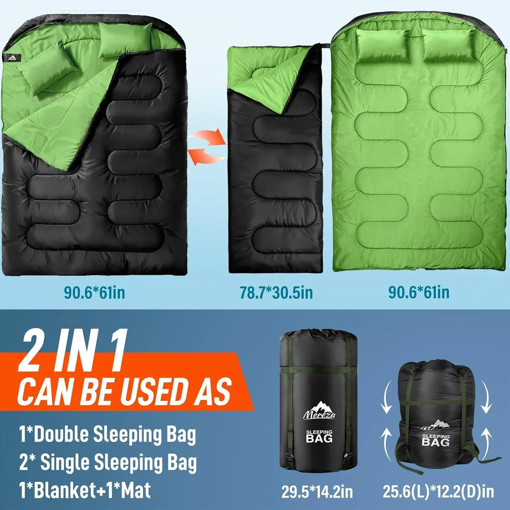 Nouveauté 2026 – Sac de couchage double pour adultes (hommes) avec oreiller, taille XL/Queen, idéal pour le camping, la randonnée et le trekking toutes saisons, par temps froid et chaud