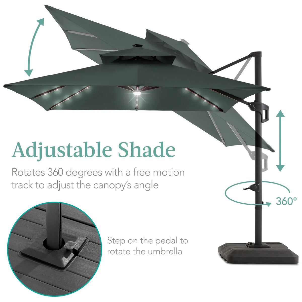 Nouveauté 2026 – Parasol de terrasse carré déporté à deux niveaux, 3 x 3 m, à éclairage solaire LED, avec base incluse (Best Choice Products, ) - Beige