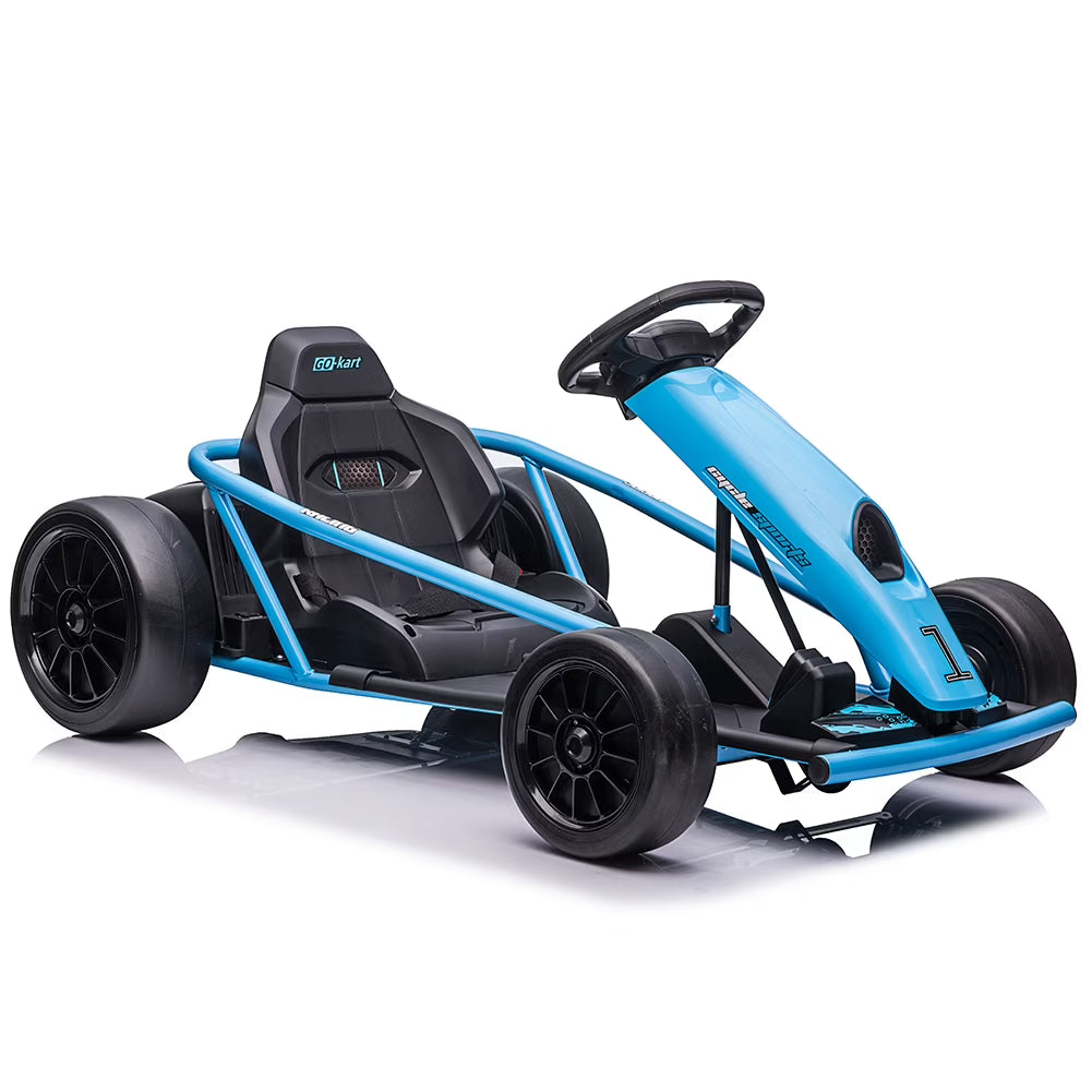 Nouveauté 2026 – Karting Simzone pour enfants, batterie 24 V, 2 moteurs 300 W, à pédales, vitesse maximale de 13 km/h, fonction drift, démarrage progressif, musique, pneus élastiques et résistants, bleu