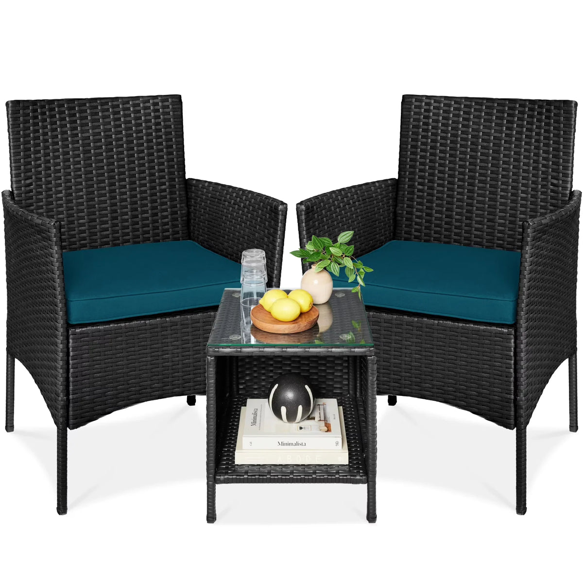 Nouveauté 2026 – Ensemble bistro de jardin 3 pièces en résine tressée Best Choice Products , avec 2 chaises et une table - Gris/Bleu marine