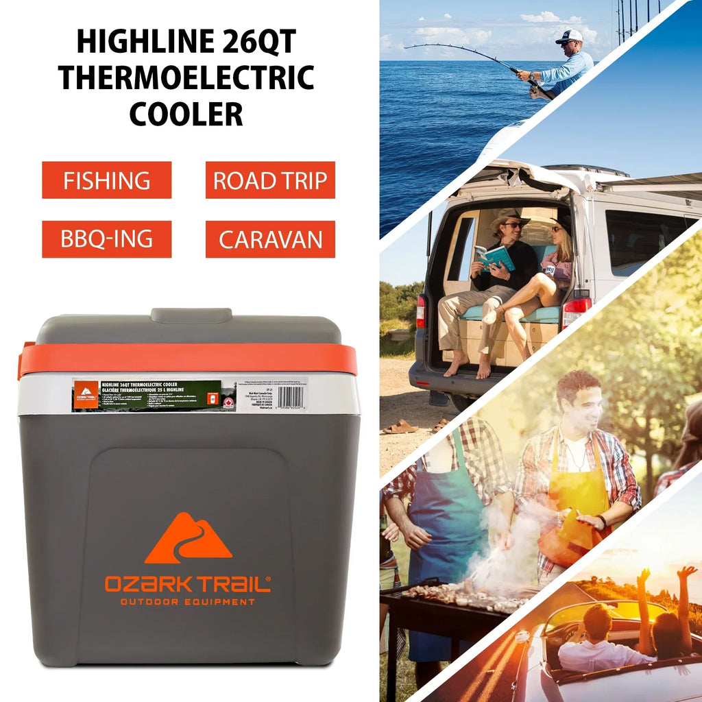 Nouveauté 2026 – Glacière électrique Ozark Trail 26QT 12V portable pour les voyages, la plage, le camping et les pique-niques, isotherme, 30 canettes, sans glace, 24 L, grise