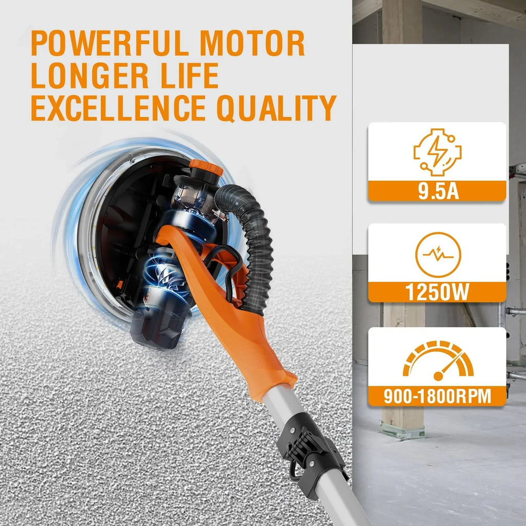 Nouveauté 2026 – Ponceuse électrique pour cloisons sèches POVANLI 780 W avec aspiration des poussières, moteur 6,5 A, vitesse variable (900-1800 tr/min), éclairage LED, poignée extensible et pliable, jaune et noir
