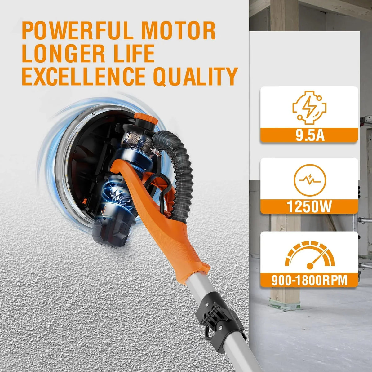 Nouveauté 2026 – Ponceuse électrique pour cloisons sèches POVANLI 780 W avec aspiration des poussières, moteur 6,5 A, vitesse variable (900-1800 tr/min), éclairage LED, poignée extensible et pliable, jaune et noir