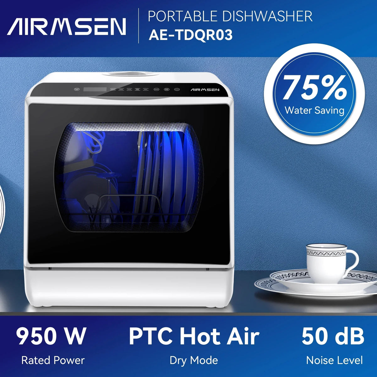 Nouveauté 2026 – Lave-vaisselle portable de comptoir AIRMSEN avec réservoir d'eau intégré de 5 litres et fonction de séchage à l'air, 5 programmes de lavage, mini lave-vaisselle, AE-TDQR03