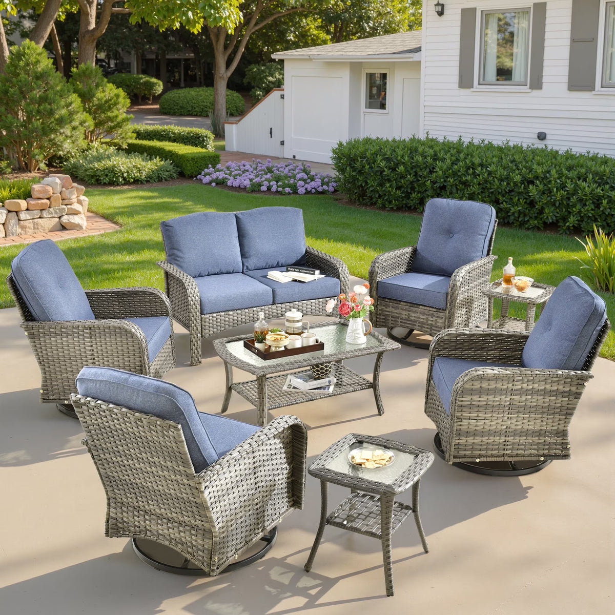 Nouveauté 2026 – Ensemble de mobilier de jardin 5 pièces Ovios , comprenant fauteuils pivotants et table basse, en résine tressée résistante aux intempéries, gris foncé
