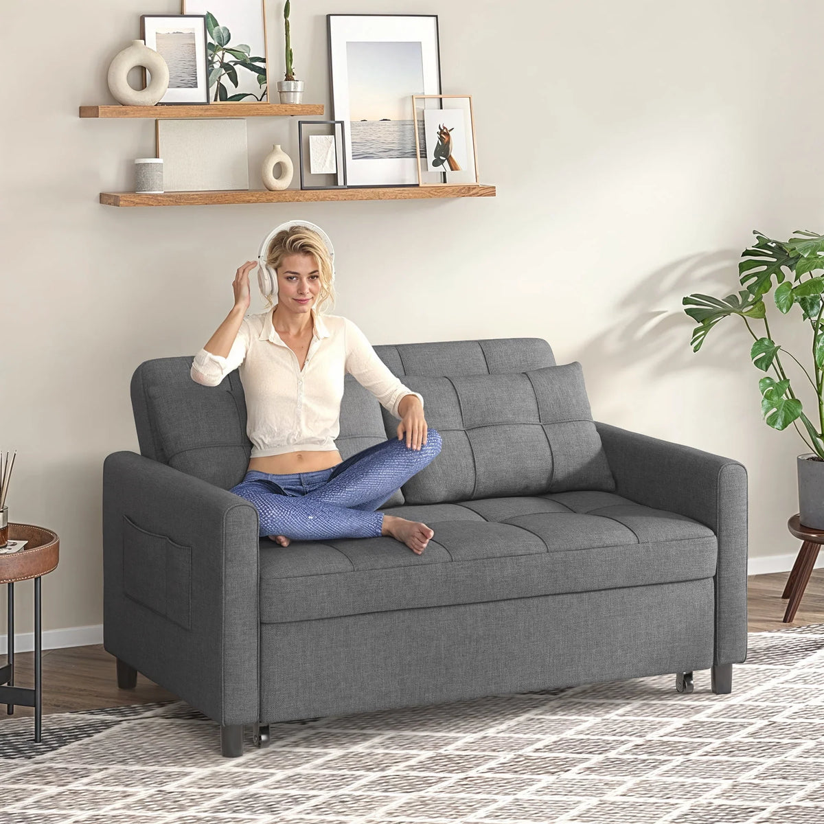 Nouveauté 2026 – Canapé-lit convertible 3 en 1 Lofka avec rangement, dossier réglable et fonction gigogne - Fauteuil-lit idéal pour les petits espaces et les appartements, gris foncé