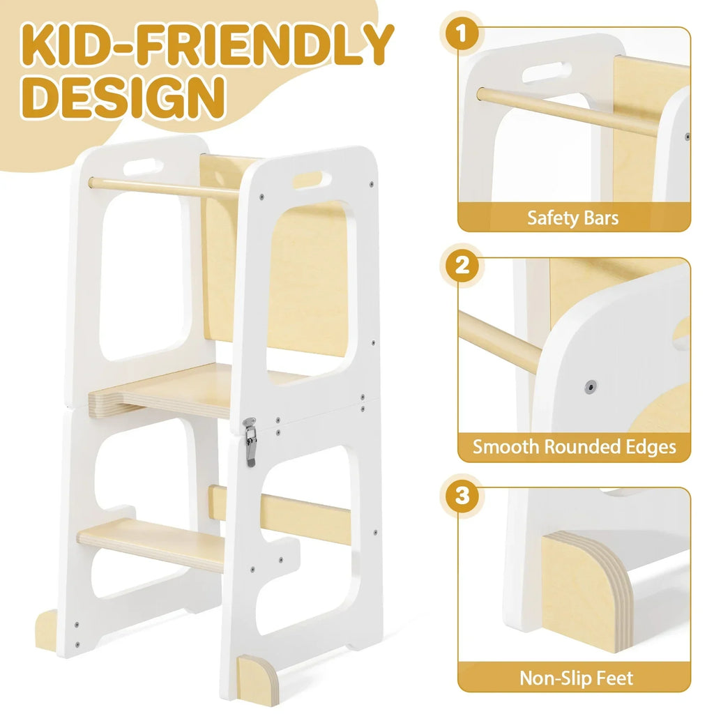 Nouveauté 2026 – Marchepied de cuisine JOZ pour tout-petits, tabouret d'apprentissage Montessori, tour pliable pour le comptoir, aide à la station debout pour les enfants, 3 hauteurs réglables, en bois, blanc