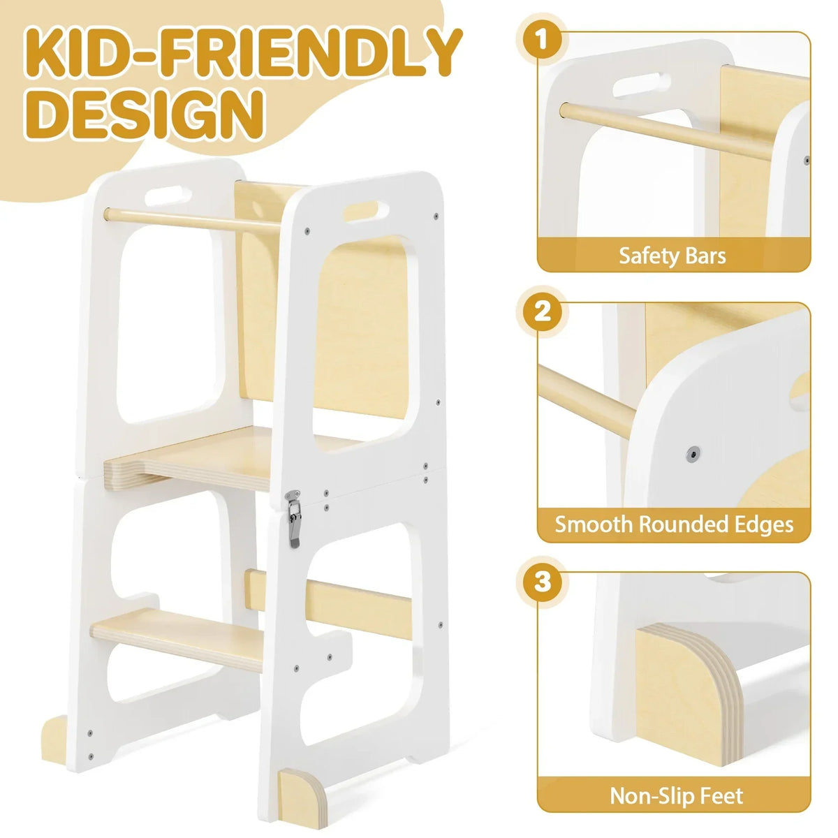 Nouveauté 2026 – Marchepied de cuisine JOZ pour tout-petits, tabouret d'apprentissage Montessori, tour pliable pour le comptoir, aide à la station debout pour les enfants, 3 hauteurs réglables, en bois, blanc