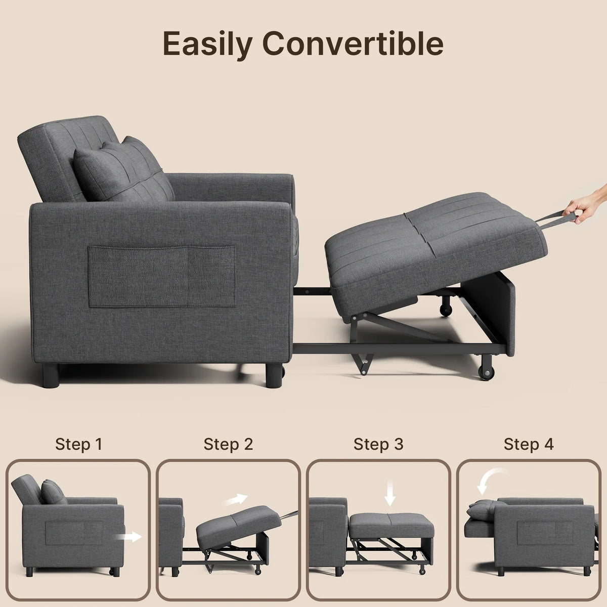 Nouveauté 2026 – Canapé-lit convertible 3 en 1 Lofka avec rangement, dossier réglable et fonction gigogne - Fauteuil-lit idéal pour les petits espaces et les appartements, gris foncé