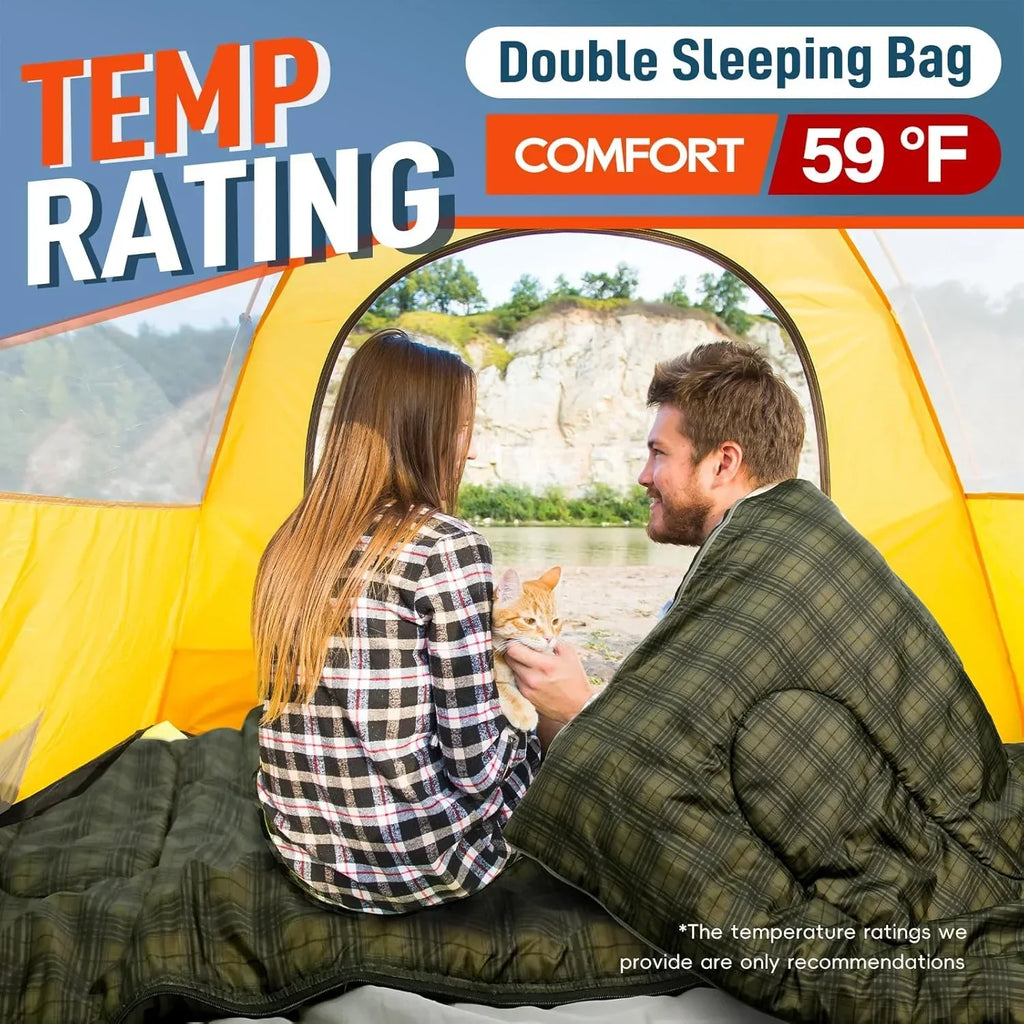 Nouveauté 2026 – Sac de couchage double pour adultes (hommes) avec oreiller, taille XL/Queen, idéal pour le camping, la randonnée et le trekking toutes saisons, par temps froid et chaud