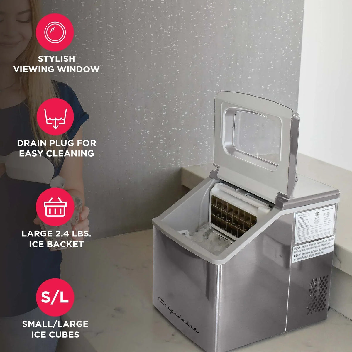 Nouveauté 2026 – Machine à glaçons carrée transparente de comptoir Frigidaire , 18 kg (40 lb) - Acier inoxydable