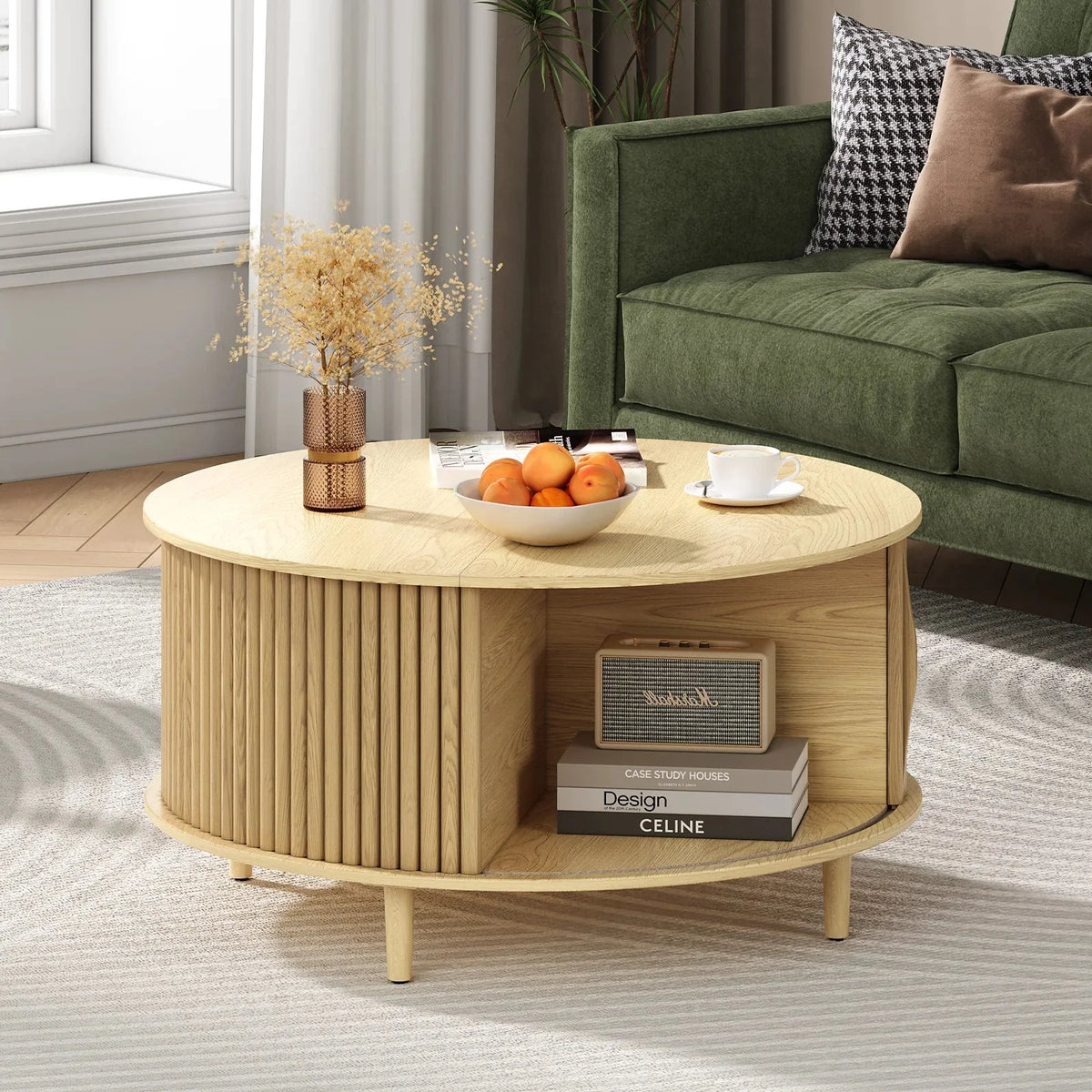 Nouveauté 2026 – Table basse ronde JOINICE avec rangement et porte coulissante, table centrale en bois de style moderne du milieu du siècle, pour salon, noyer