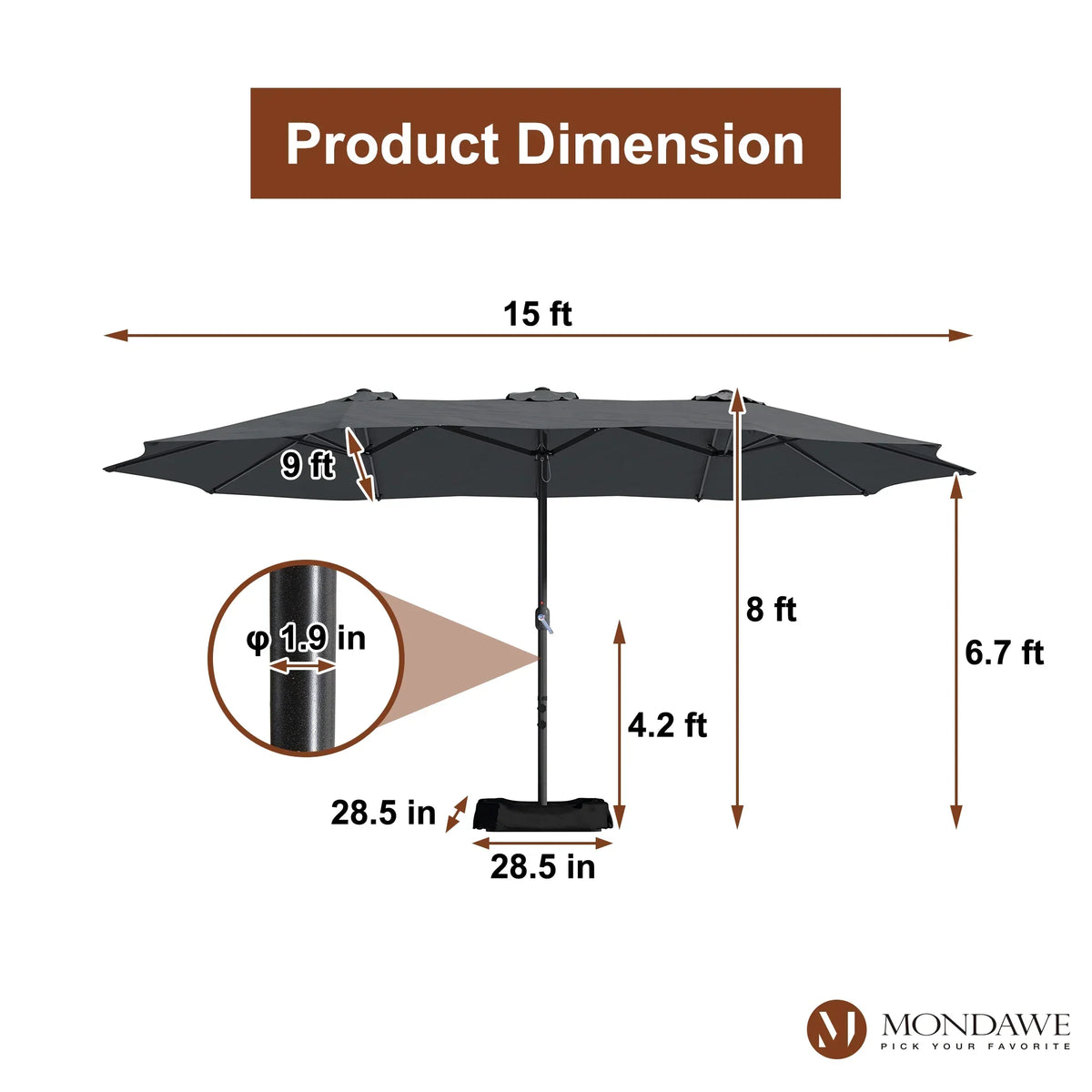 Nouveauté 2026 – Parasol rectangulaire Mondawe 4,57 m (15 pi) avec base et éclairage LED beige