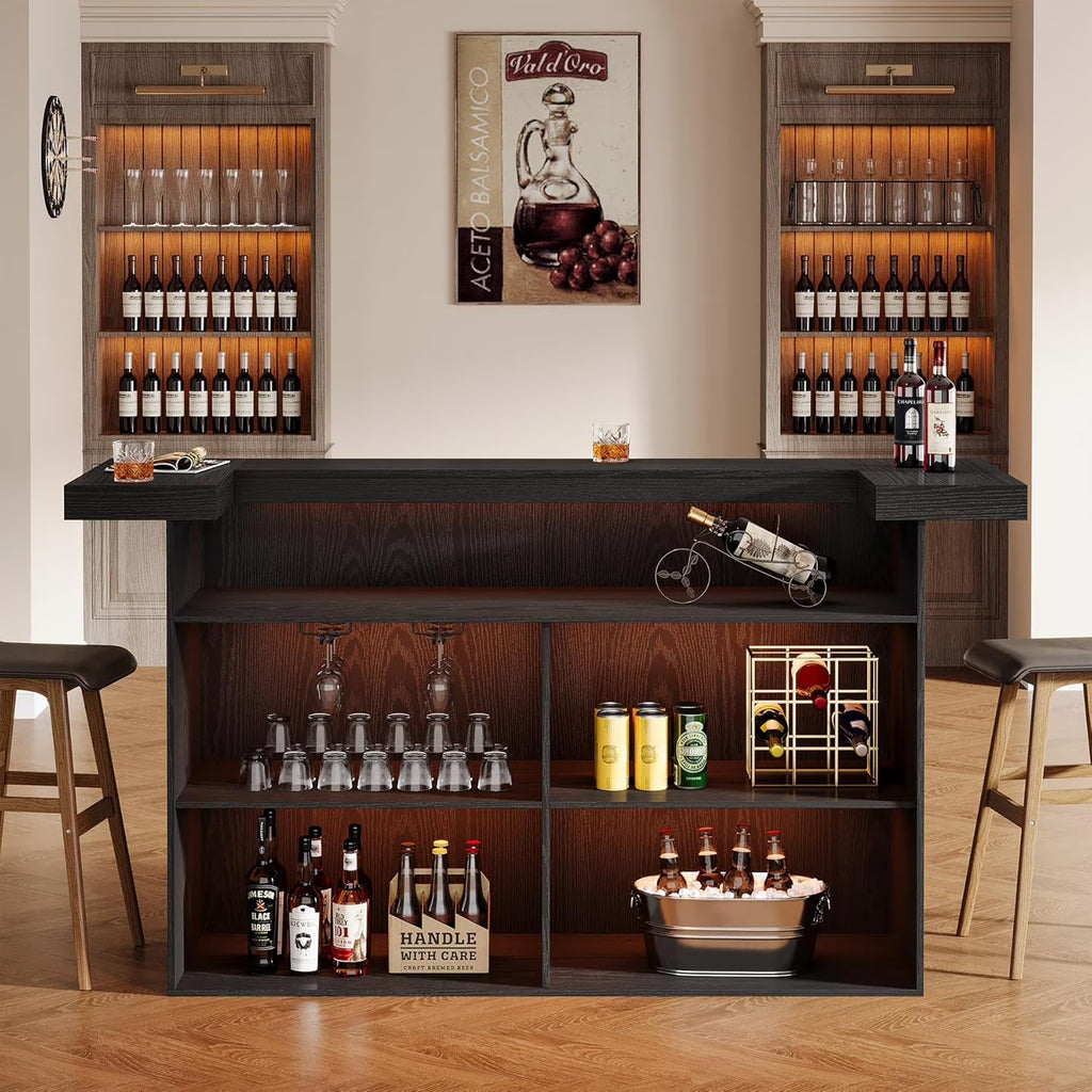 Nouveauté 2026 – Table de bar à 4 niveaux Tribesigns , grand meuble bar de 180 cm avec porte-verres à vin et repose-pieds noir, pour cuisine, salle à manger, salon, pub, marron rustique