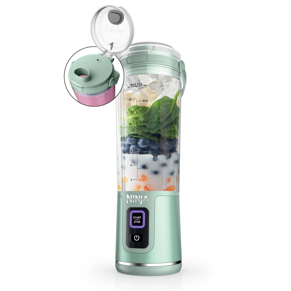 Nouveauté 2026 – Blender portable Ninja Blast , sans fil, bol de 532 ml (18 oz), blender individuel pour milkshakes et smoothies, sans BPA, couvercle étanche et bec verseur, rechargeable par USB-C, pièces compatibles lave-vaisselle, violet métallisé