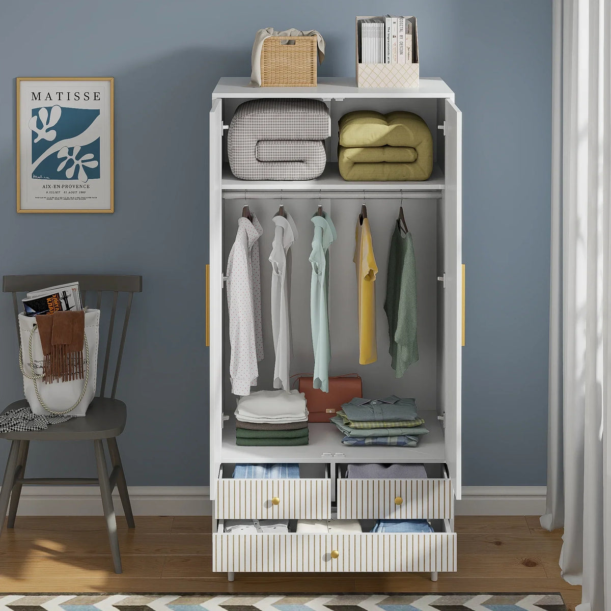 Nouveauté 2026 – Armoire-penderie Armoire , meuble de rangement avec tiroirs et penderie pour chambre à coucher, blanc