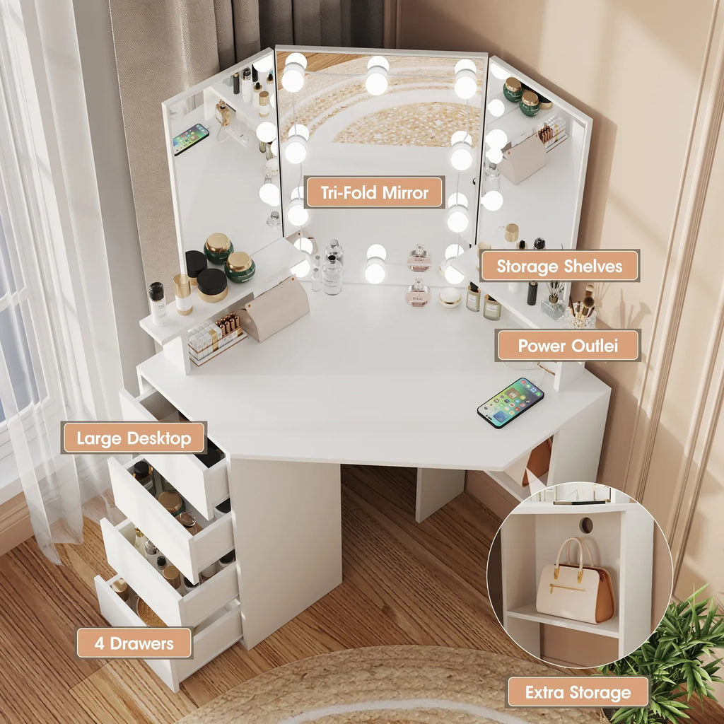 Nouveauté 2026 – Coiffeuse d'angle en placage bois blanc avec miroir et lumière, table de maquillage avec 4 tiroirs et station de recharge pour chambre à coucher