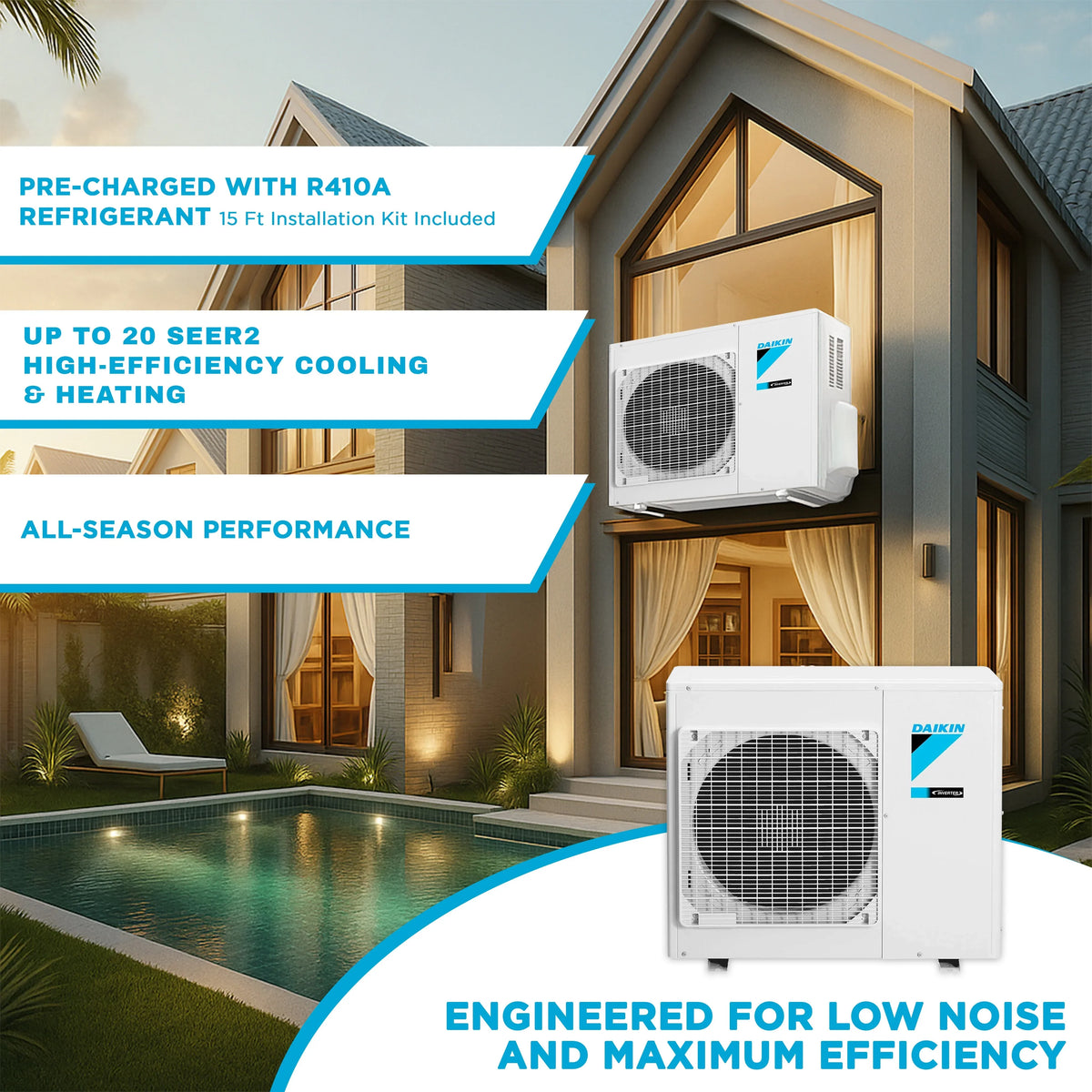 Nouveauté 2026 – Climatiseur mural Daikin série LV, mini-split sans conduit, 15 000 BTU, 20 SEER2, avec kit d'installation de 4,57 m (15 pi), support mural, flexible électrique de 12,7 mm (1/2 po) et fusible de 30 A (-230 V