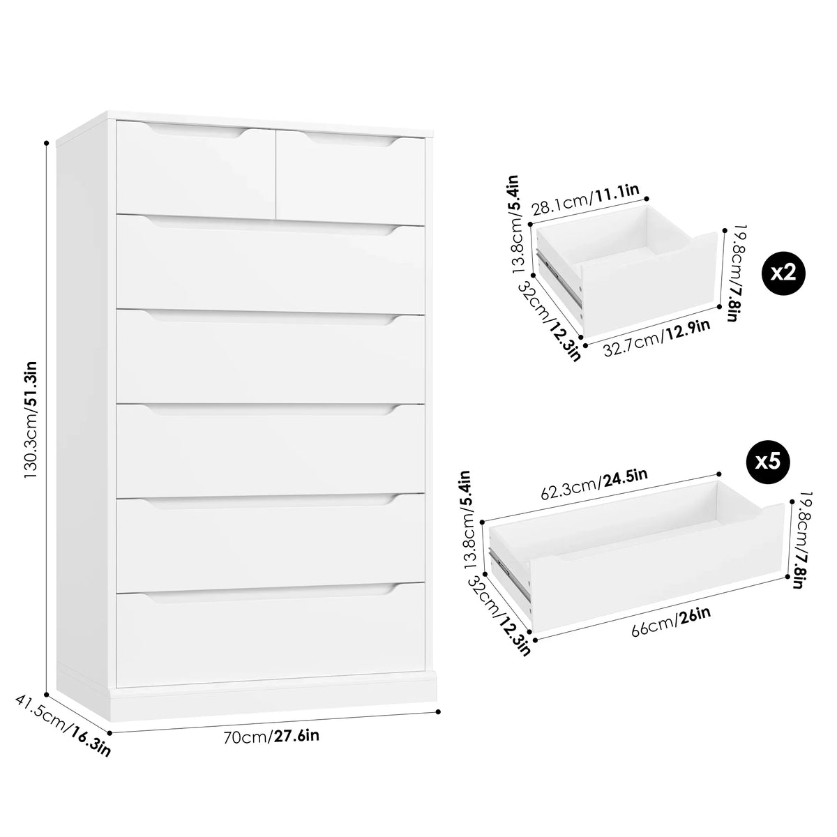 Nouveauté 2026 – Commode blanche Homfa 7 tiroirs, 130 cm de hauteur, meuble de rangement en bois avec base stable améliorée, commode verticale pour chambre ou salon