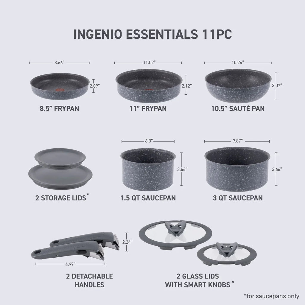Nouveauté 2026 – Ensemble de 11 pièces antiadhésif T-fal Ingenio Essentials , poignée amovible, compatible four, gril et lave-vaisselle, idéal pour camping-car, couleur granit gris
