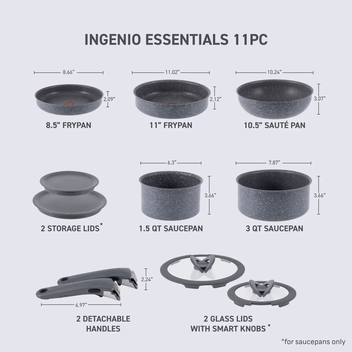 Nouveauté 2026 – Ensemble de 11 pièces antiadhésif T-fal Ingenio Essentials , poignée amovible, compatible four, gril et lave-vaisselle, idéal pour camping-car, couleur granit gris