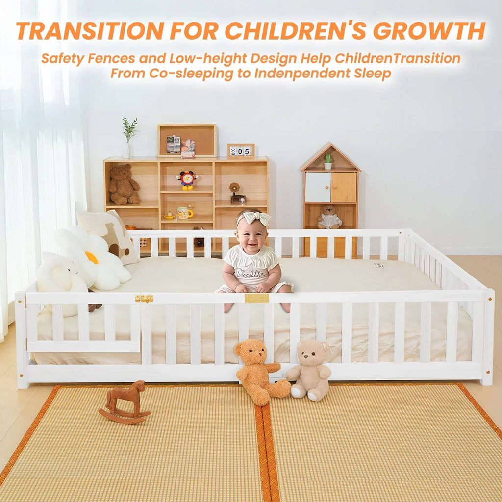 Nouveauté 2026 – Lit de sol Montessori pour tout-petits (taille jumelle), cadre de lit en bois massif avec barrière et porte, pour filles et garçons