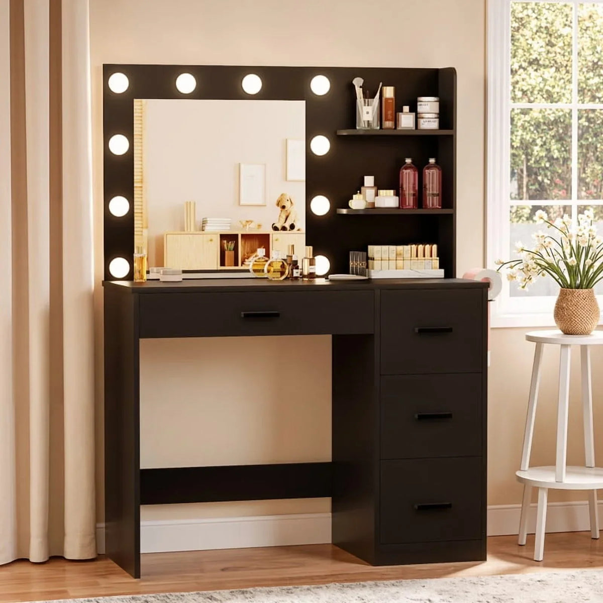Nouveauté 2026 – Coiffeuse Lacoo avec miroir et éclairage LED, meuble de maquillage avec 7 tiroirs et 4 étagères, table de toilette avec prise électrique pour chambre ou dressing, blanche
