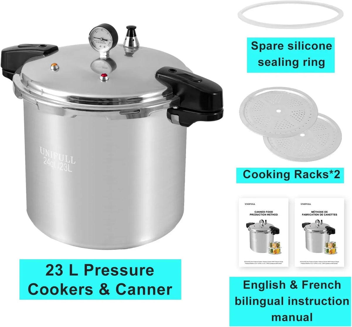 Nouveauté 2026 – Autocuiseur UNIFULL 24 pintes/23 litres , avec manomètre, soupape de sécurité (15 PSI) et joint d'étanchéité