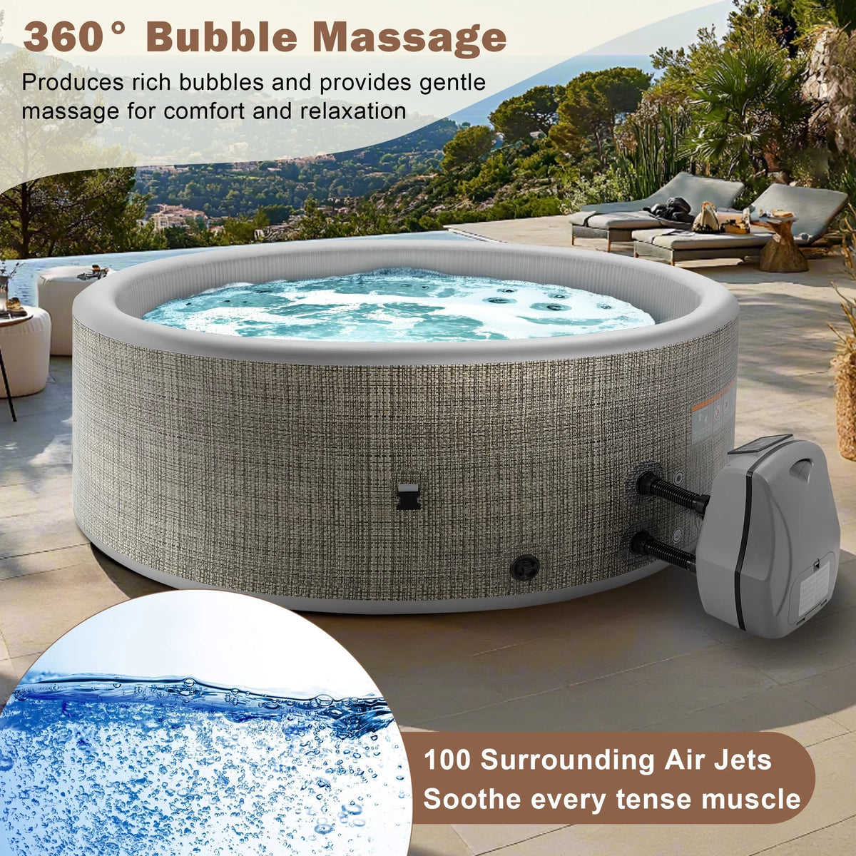 Nouveauté 2026 – Ensemble de mobilier de jardin Round pour spa , canapé d'angle en rotin avec mini-canapé, rangement pour spa en bois d'acacia massif, coussins gris