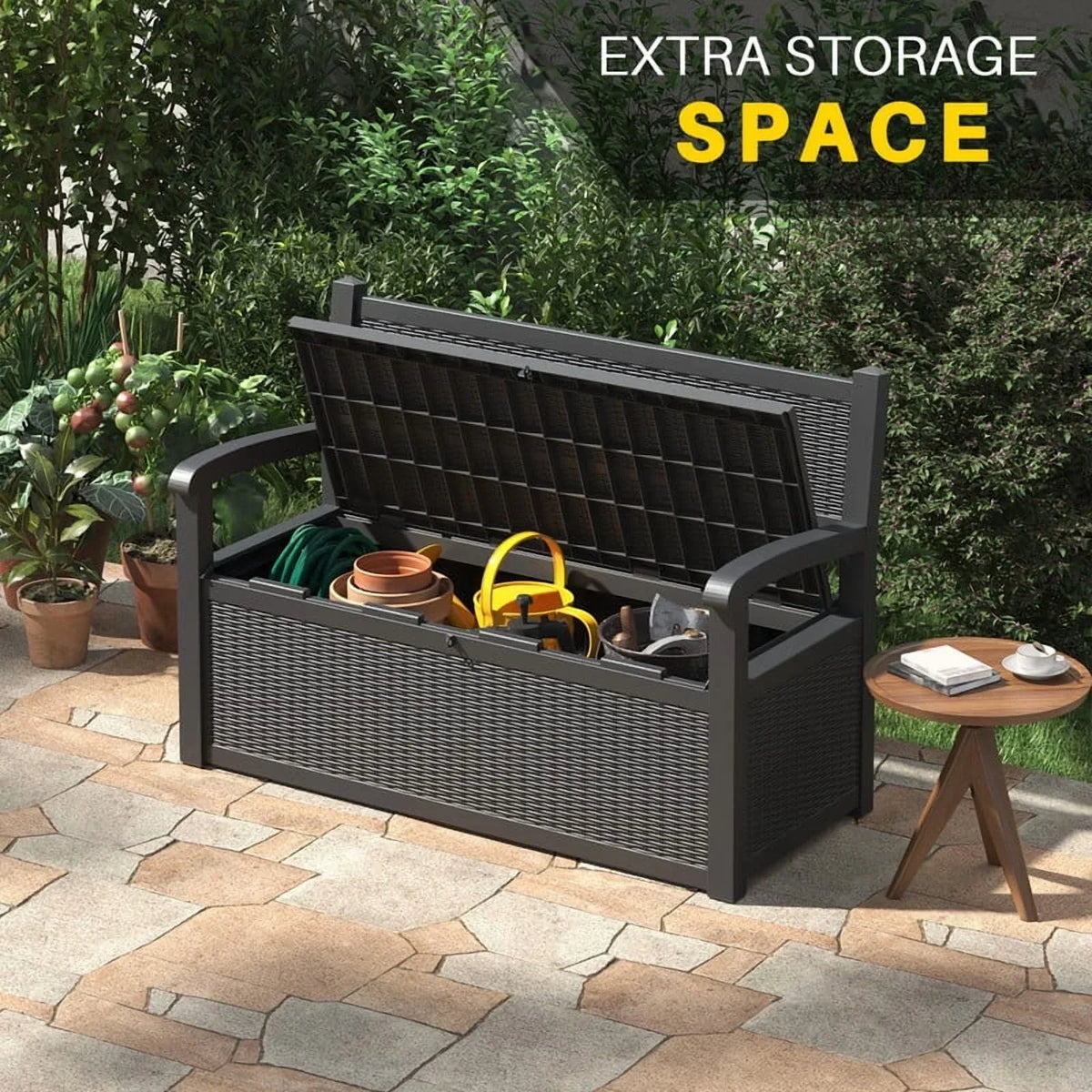 Nouveauté 2026 – Coffre de rangement Bifanuo de 70 gallons avec banc et accoudoirs, résistant à l'eau, idéal pour le mobilier de patio, les outils de jardin, le rangement de piscine et les coussins d'extérieur. Couleur : gris