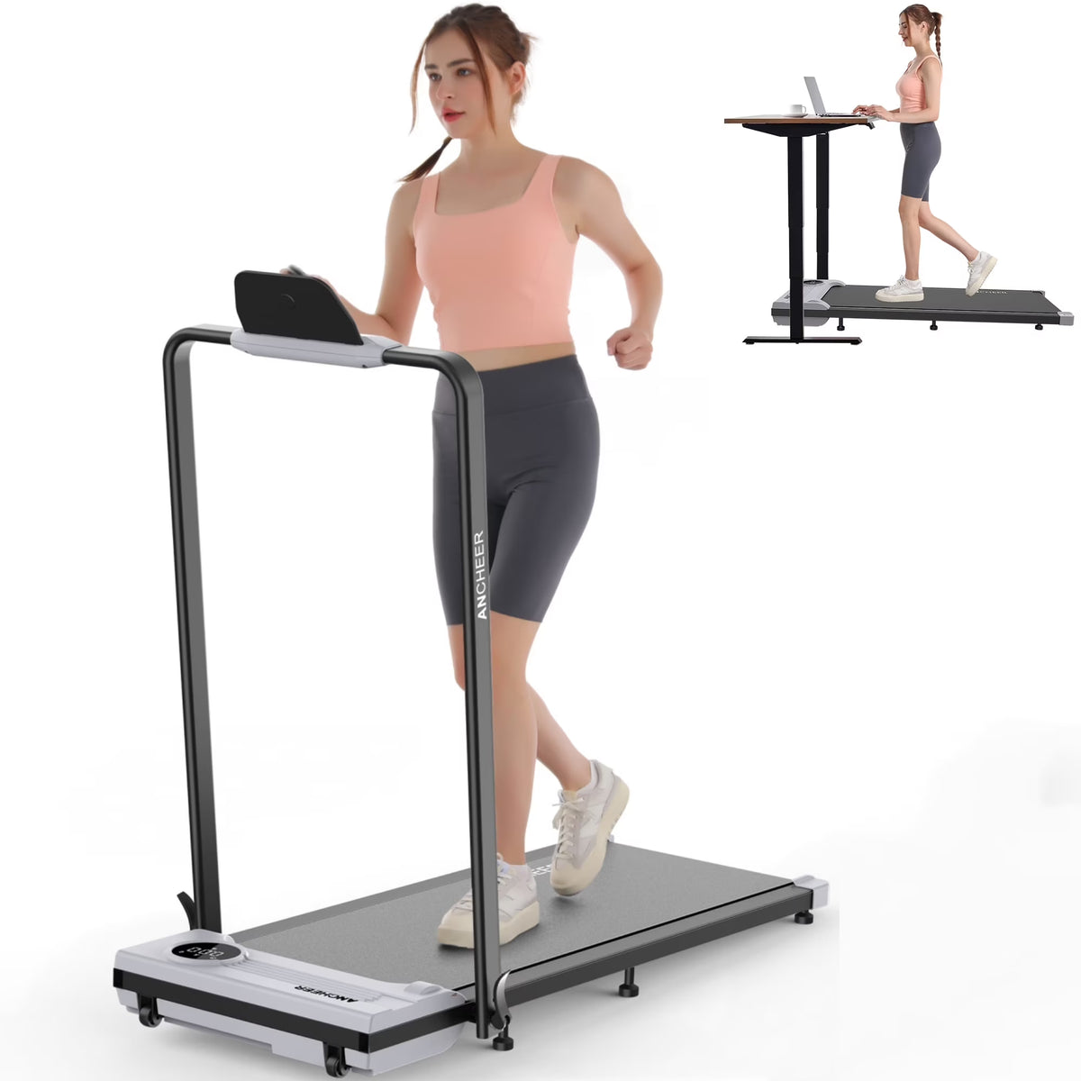 Nouveauté 2026 – Tapis de marche pliable et portable ANCHEER , capacité de 136 kg (300 lb), vitesse de 12 km/h (7,5 mi/h), à placer sous un bureau, avec télécommande et écran LED, 2 en 1, pour la maison, le bureau ou l'exercice (rose