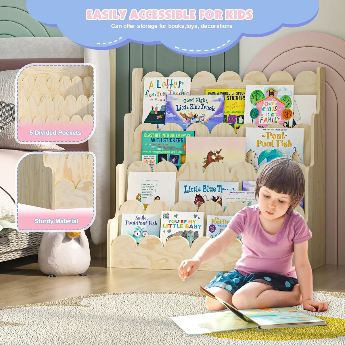 Nouveauté 2026 – Étagère Montessori en bois pour enfants - Présentoir à livres festonné à 4 niveaux, rangement pour livres et jouets de bébé/tout-petit, rangement mixte pour salle de jeux ou classe