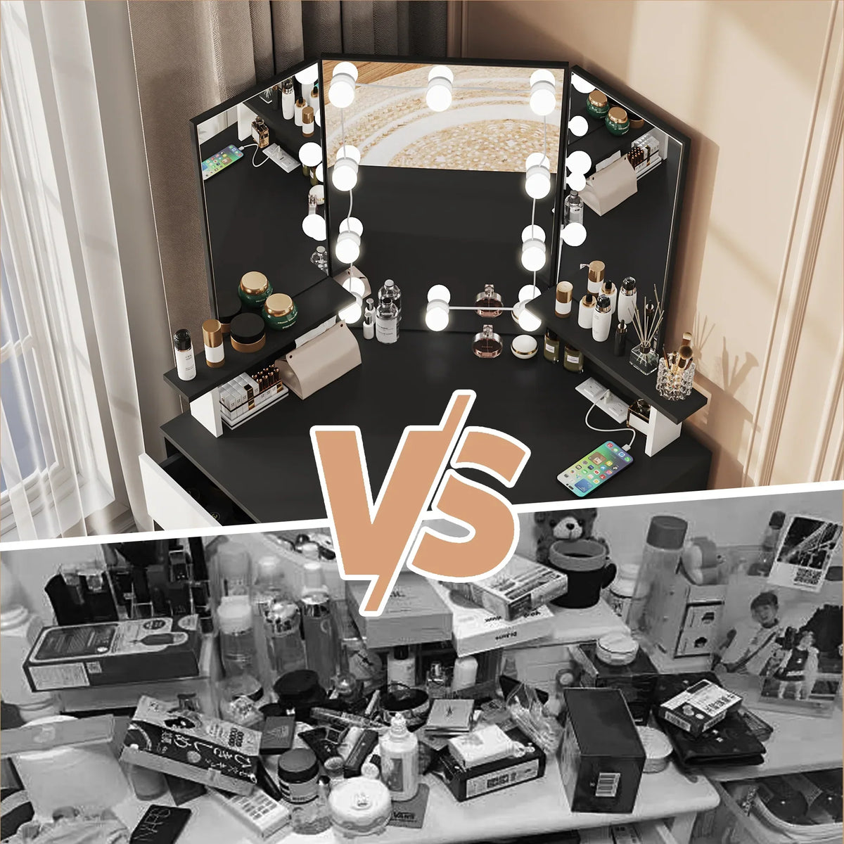 Nouveauté 2026 – Coiffeuse d'angle en placage bois blanc avec miroir et lumière, table de maquillage avec 4 tiroirs et station de recharge pour chambre à coucher