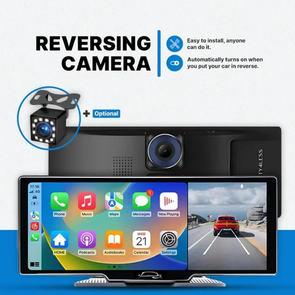 Nouveauté 2026 – Tablette Car Pro Max (modèle 2025), écran tactile HD 10,26" compatible CarPlay et Android Auto, double caméra embarquée 4K avec commande vocale, Mirror Link, Bluetooth, navigation GPS, caméra de recul 1080p, batterie 64/128 Go