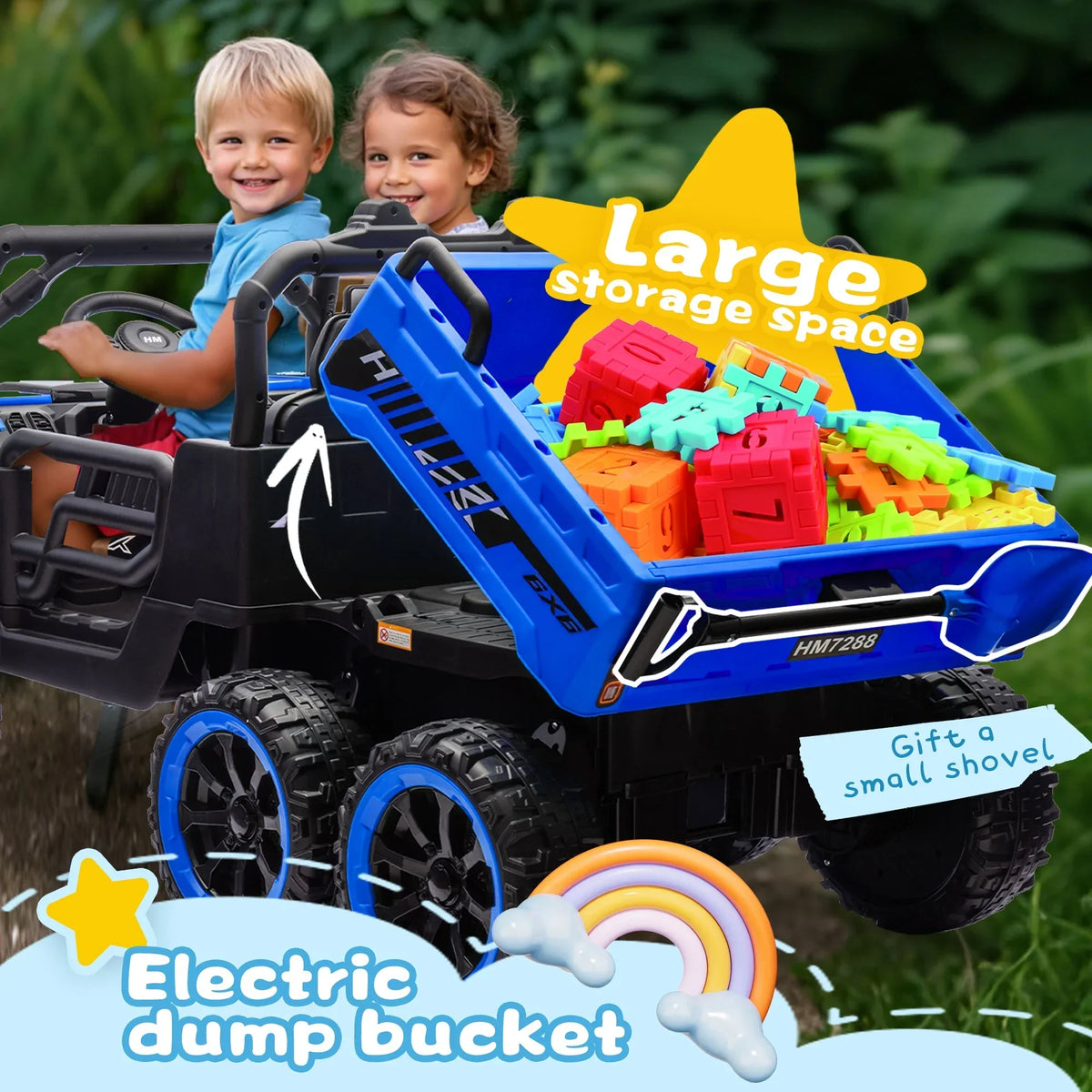 Nouveauté 2026 – Camion électrique Xuanlur 24V 2 places pour enfants , avec moteur 2x200W, benne basculante/pelle, pneus résistants, lumières LED, musique et télécommande, noir