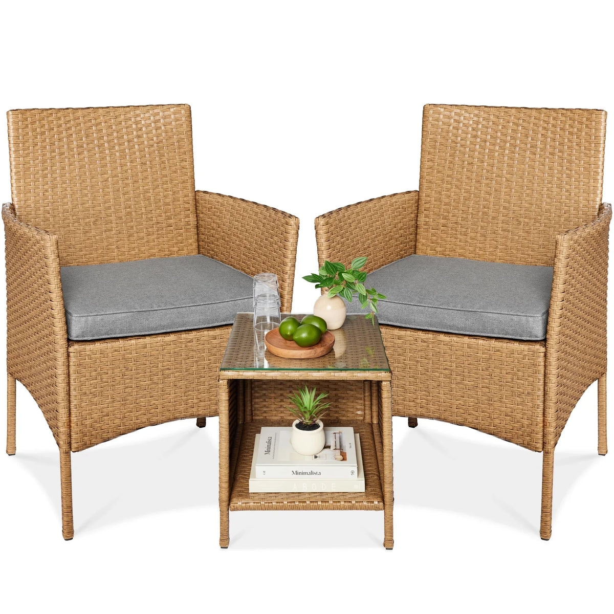 Nouveauté 2026 – Ensemble bistro de jardin 3 pièces en résine tressée Best Choice Products , avec 2 chaises et une table - Gris/Bleu marine