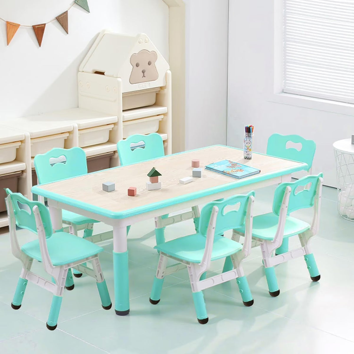 Nouveauté 2026 – Ensemble table et chaises pour enfants TROPOW , table réglable en hauteur pour tout-petits et 6 chaises, table multi-activités avec plateau à motifs graffiti et pieds antidérapants pour les enfants de 2 à 10 ans, idéale pour les gard