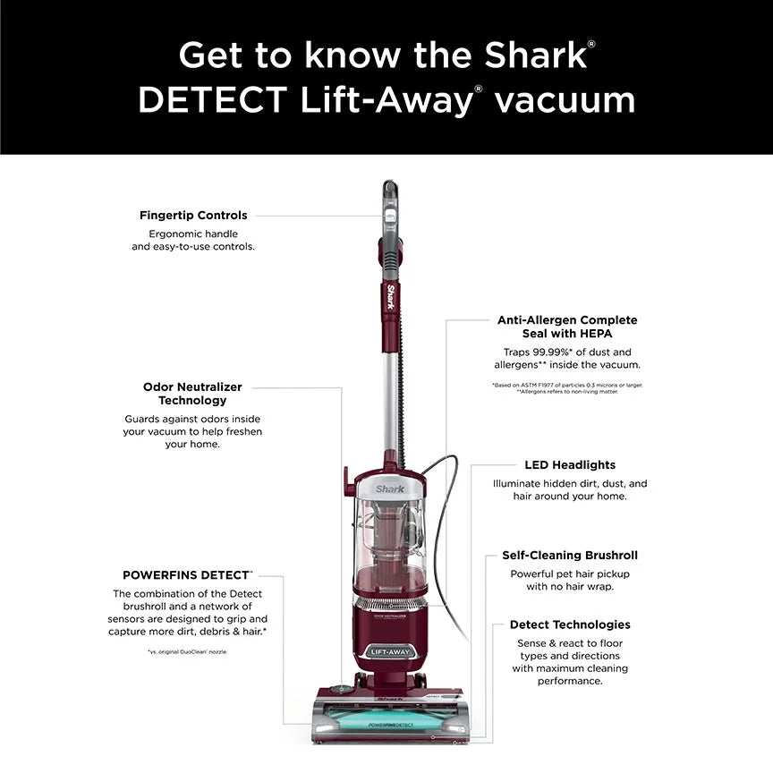 Nouveauté 2026 – Aspirateur vertical filaire Shark Detect Lift-Away ADV avec technologie PowerFins Detect, brosse autonettoyante et neutralisateur d'odeurs, LA492, bordeaux