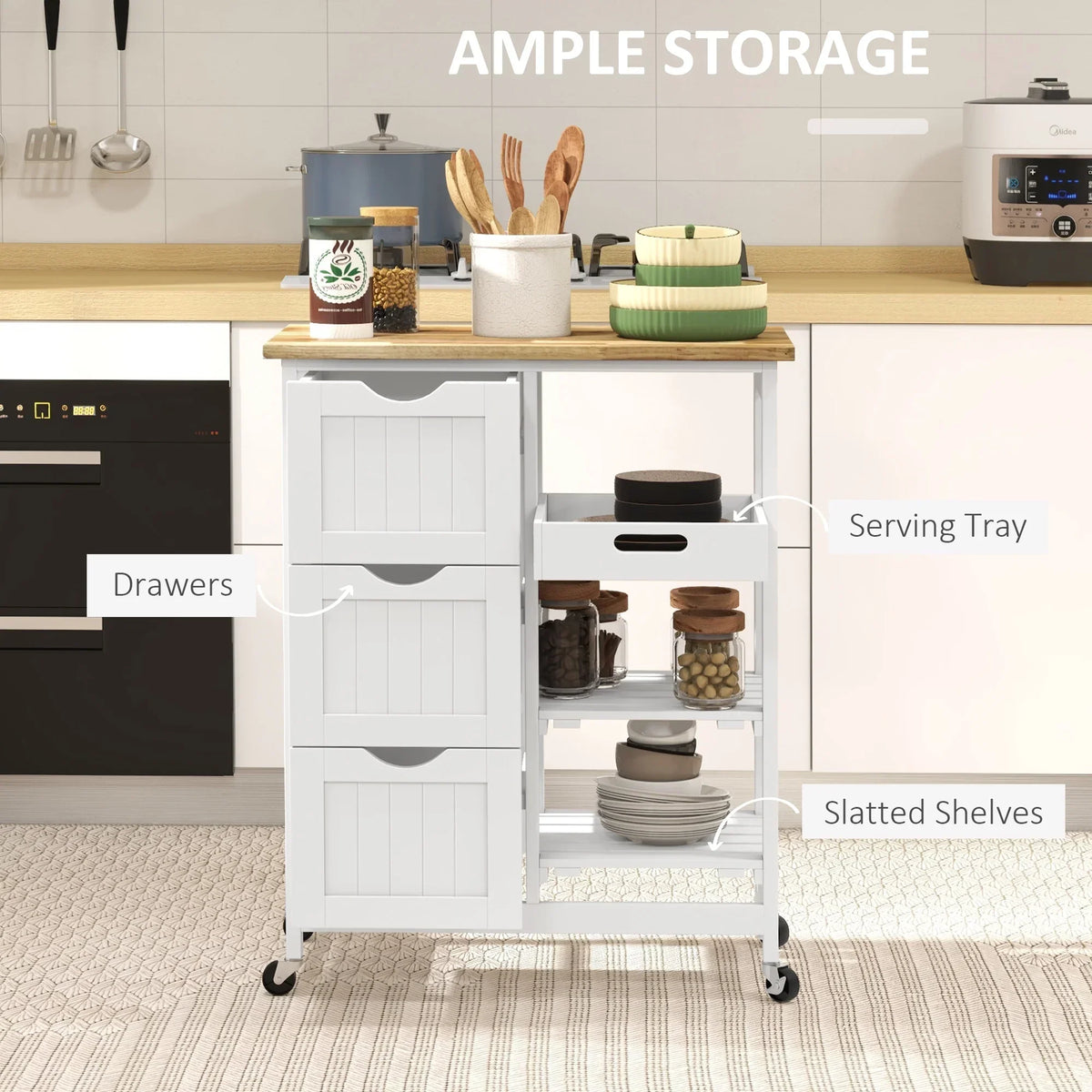 Nouveauté 2026 – Îlot de cuisine roulant HOMCOM , chariot de service de bar, chariot compact sur roulettes avec plateau en bois, étagères et tiroirs pour salle à manger, gris