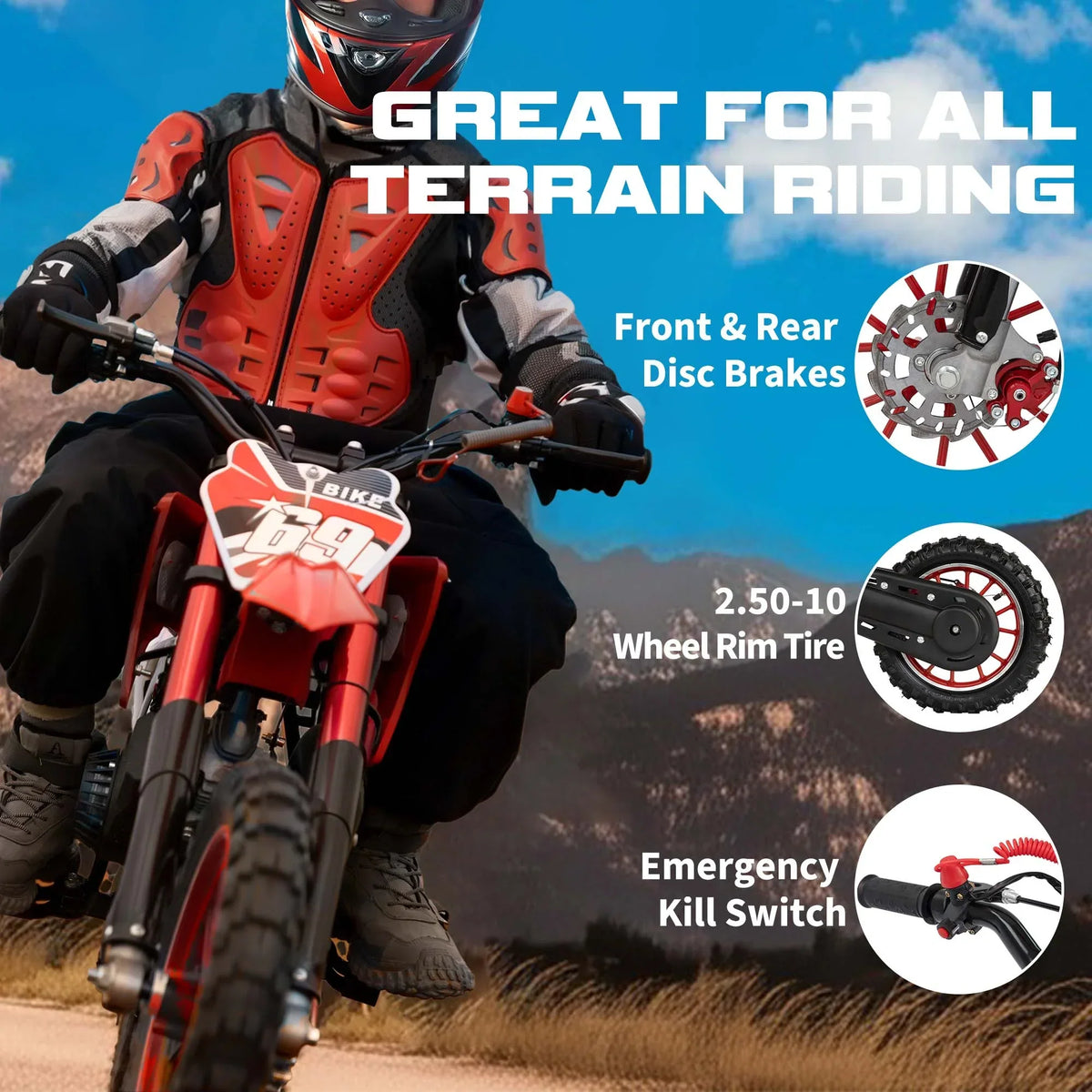 Nouveauté 2026 – Moto tout-terrain enfant MX 49 cm³ , moteur 2 temps à essence, suspension à ressorts, selle confortable, freins à disque avant et arrière, vitesse maximale de 45 km/h