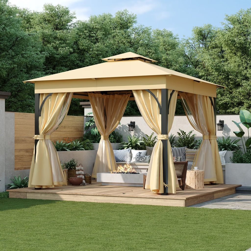 Nouveauté 2026 – Gazebo d'extérieur 10'x10', gazebo de patio avec moustiquaire et écrans d'intimité pour cour arrière, jardin, pelouse et terrasse, gris